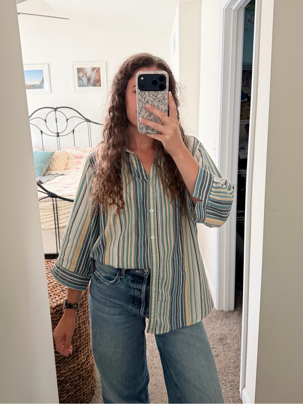 Preswick & Moore Blue, White & Yellow Striped Casual Button-Down